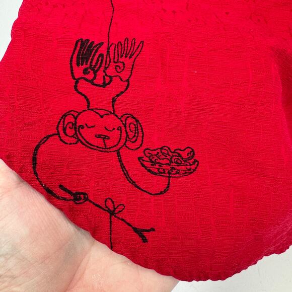 Chico's Blouse Womens XL Red Silk Button Up Roll Tab Sleeve Safari Theme Artsy - Picture 8 of 10